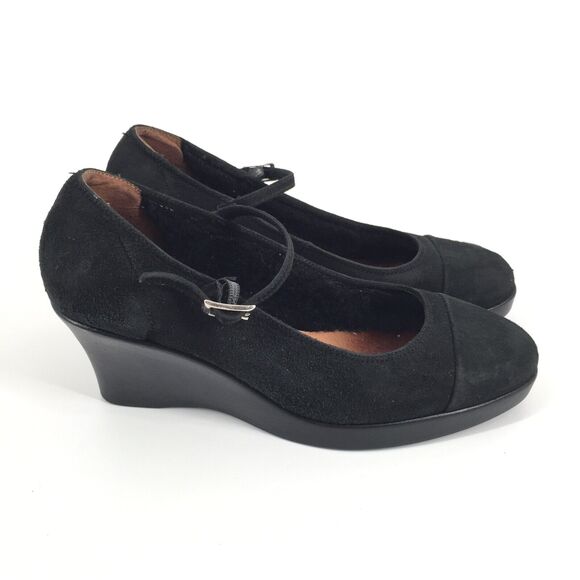 Heirs & Grace Suede Wedge Mary Janes Size 9 W Womens Solid Black Sheepskin Lined - Picture 1 of 11